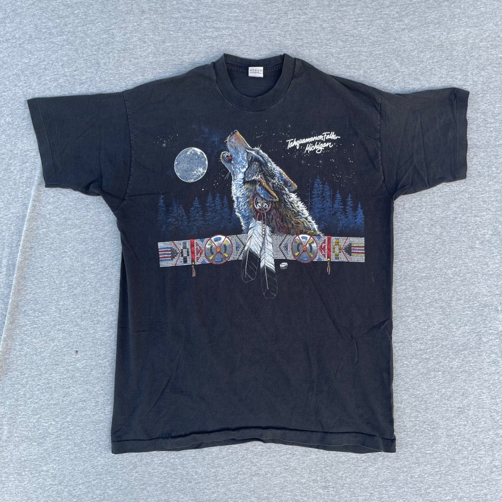 Vintage 90s Tahquamenon Falls Michigan Wolf T Shirt XXL Native Graphic USA Tee